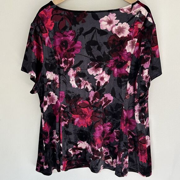 Roz & Ali Velvet Top Size 3x V-Neck Floral Short Sleeve Shirt Jewel Tones - Picture 8 of 8